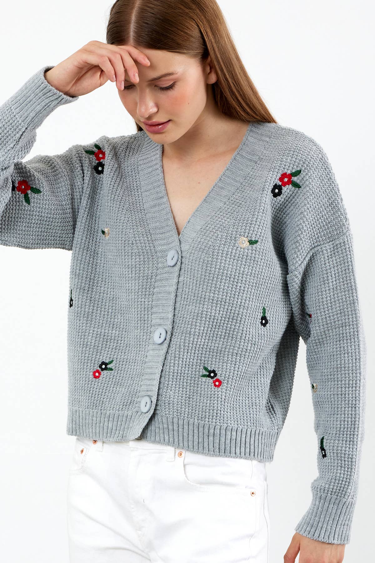 Cropped Knit Cardigan Flower Embroidered