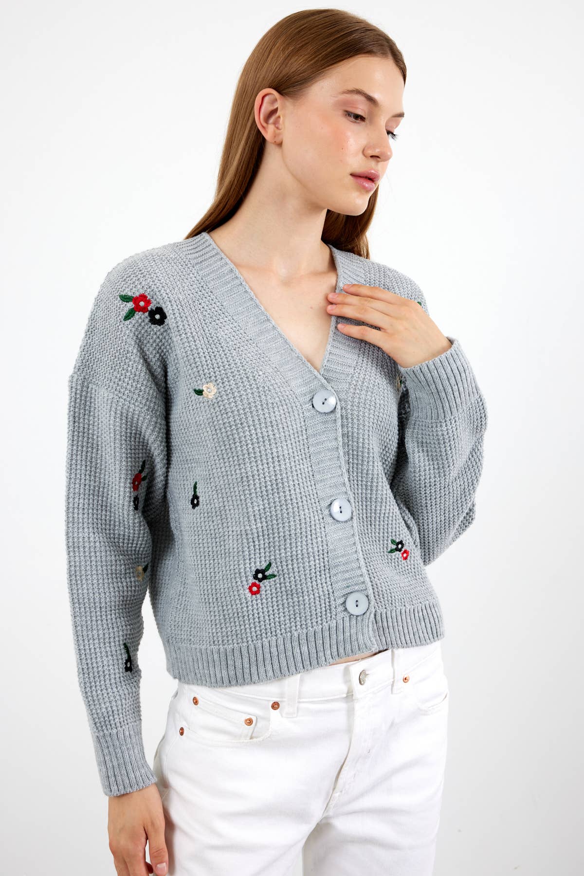 Cropped Knit Cardigan Flower Embroidered