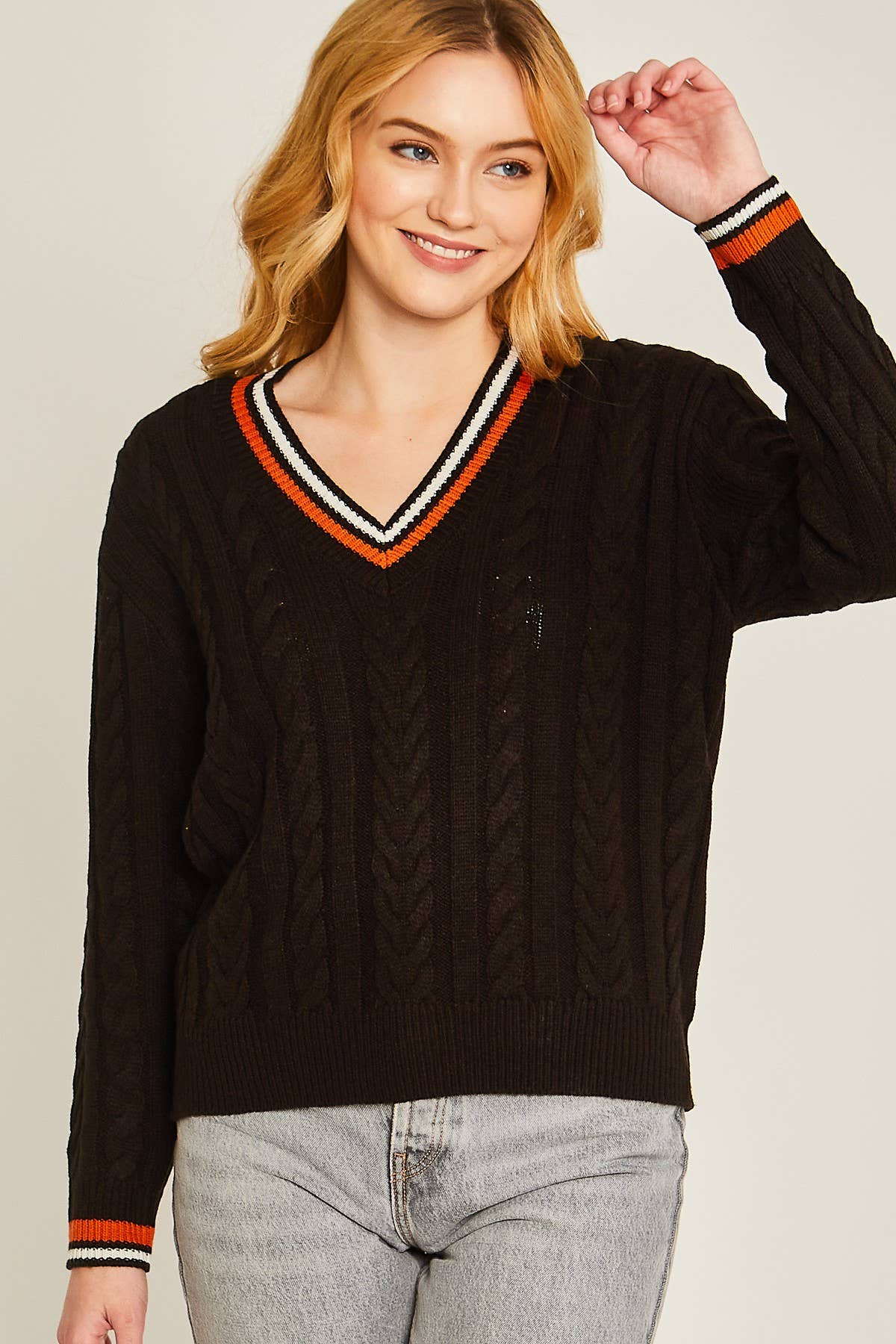 Cable Knit V Neck Sweater