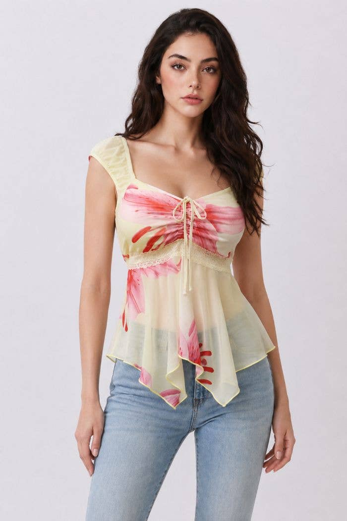Floral Mesh Cap Sleeve Top