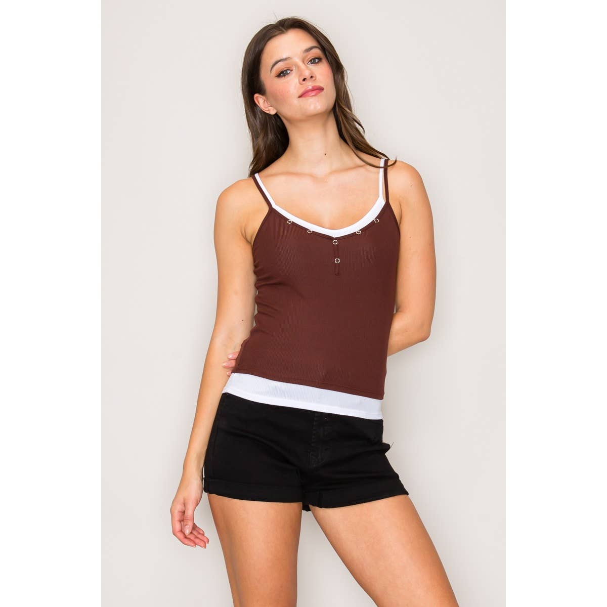 Henley Cami Top with Contrast Layered Detail