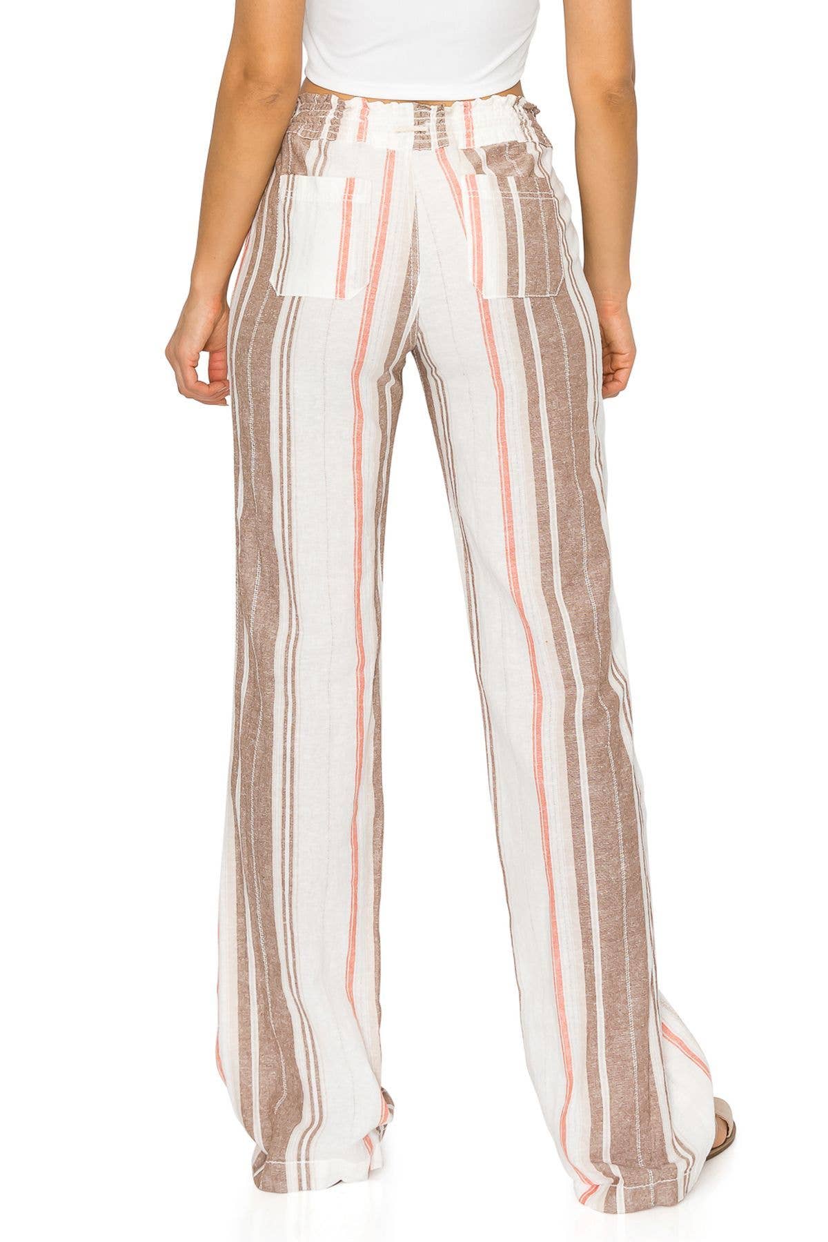 CALI1850 STRIPE LINEN WIDE LEG SMOCKED PANTS (07024JLN241)
