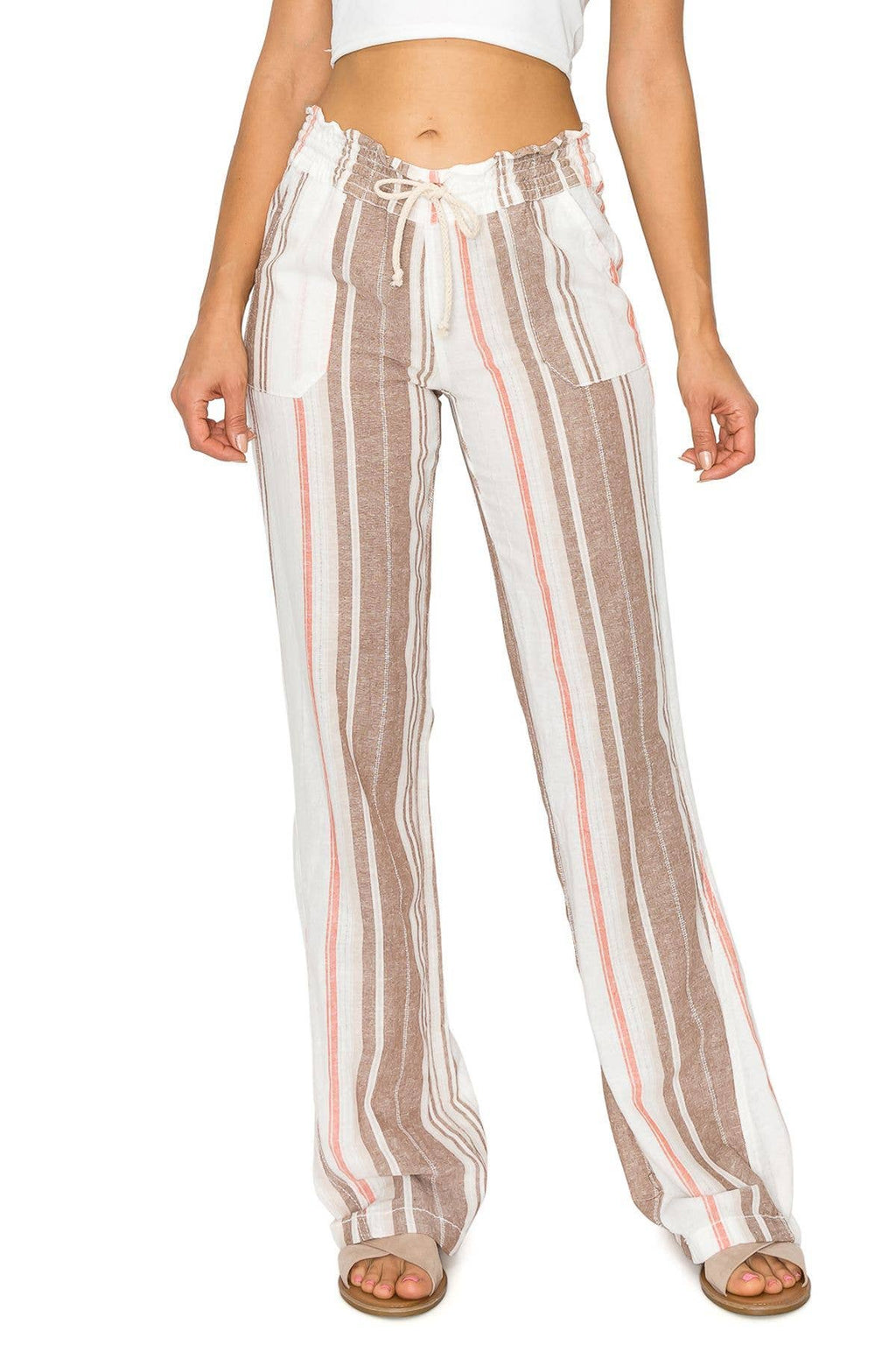 CALI1850 STRIPE LINEN WIDE LEG SMOCKED PANTS (07024JLN241)