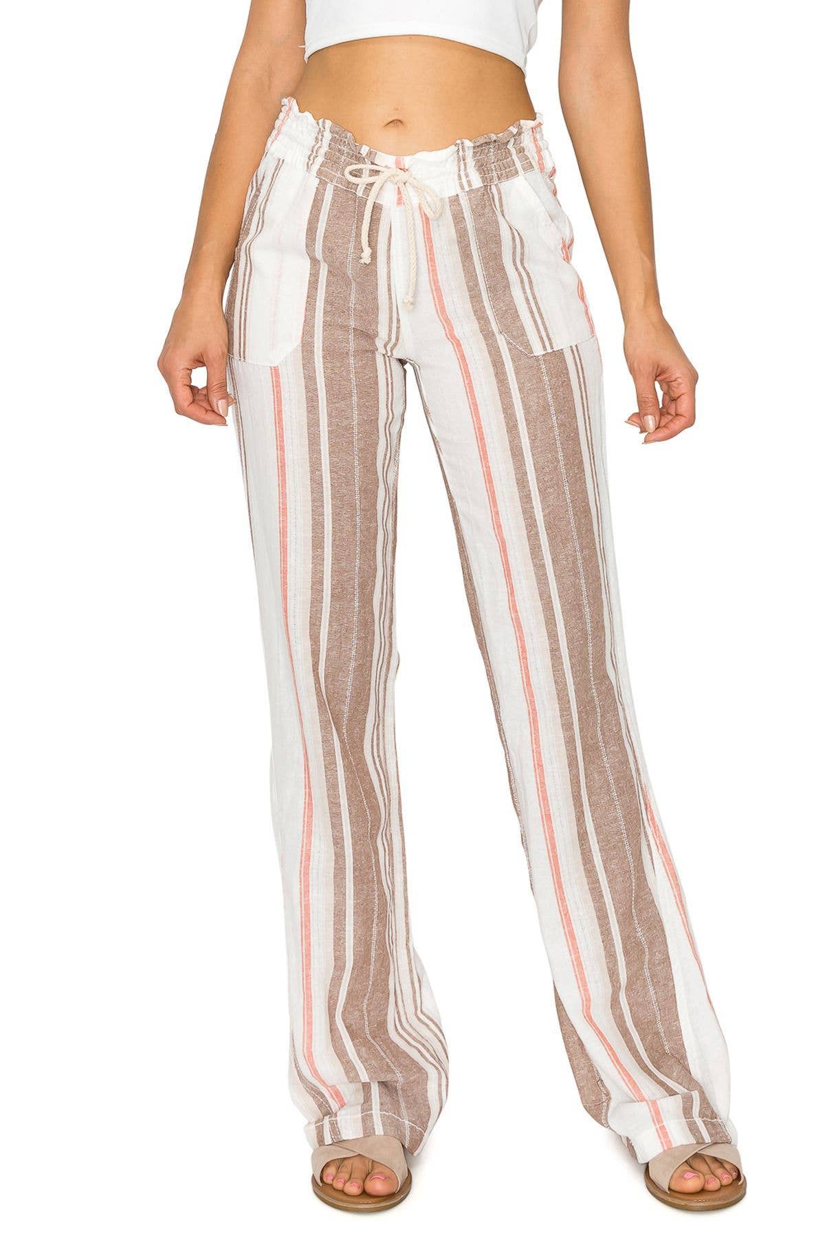 CALI1850 STRIPE LINEN WIDE LEG SMOCKED PANTS (07024JLN241)