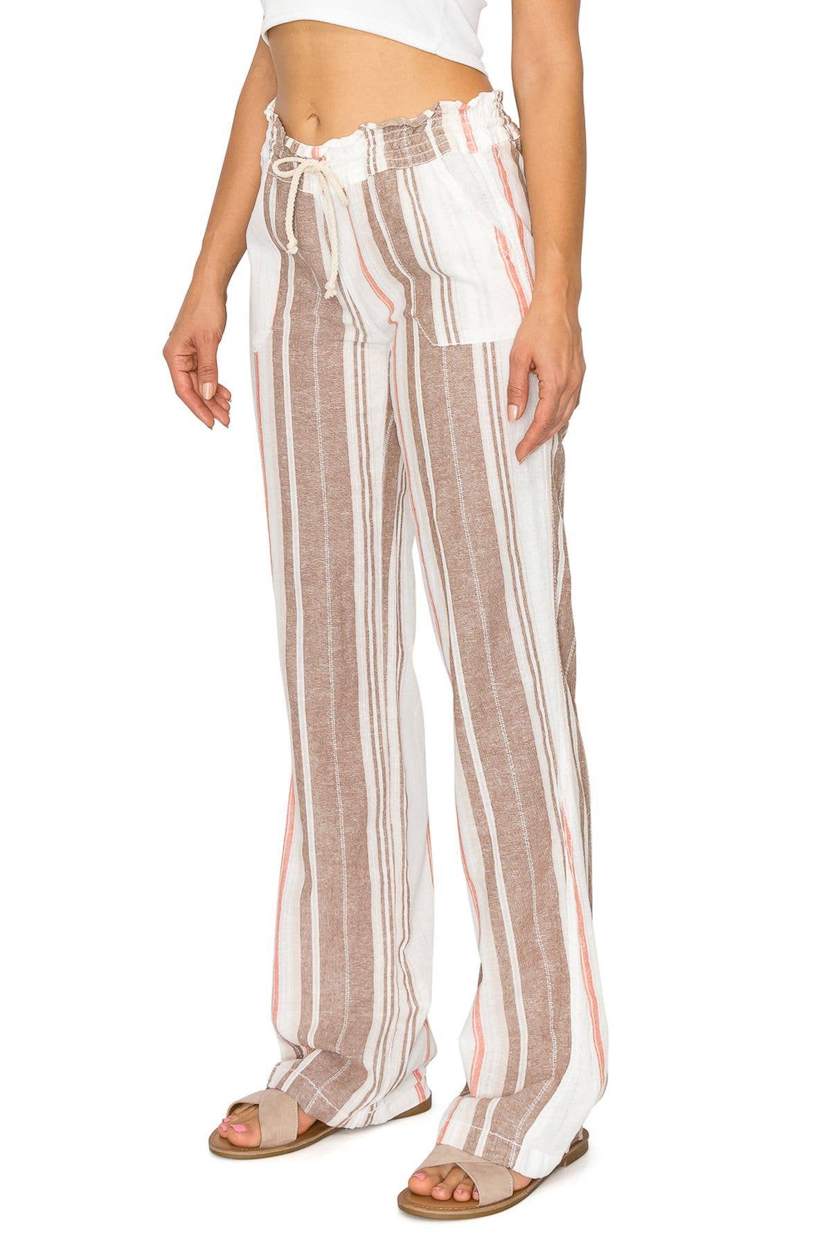 CALI1850 STRIPE LINEN WIDE LEG SMOCKED PANTS (07024JLN241)
