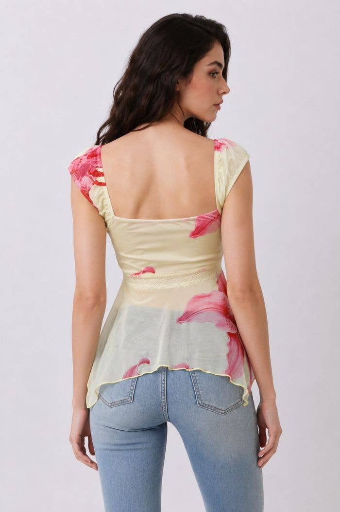 Floral Mesh Cap Sleeve Top